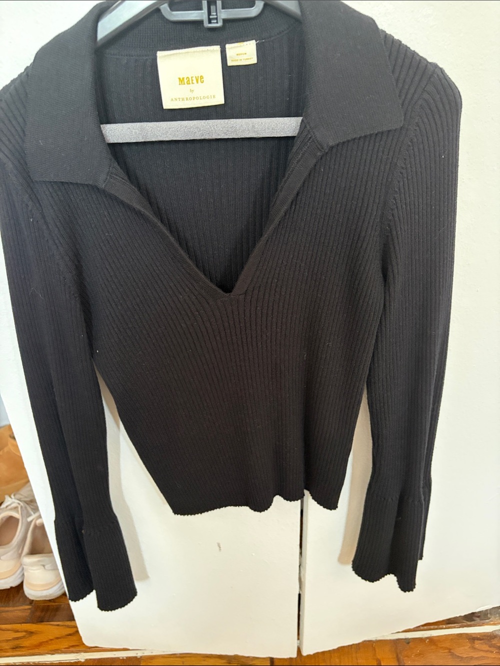 Maeve Black Ribbed V‑Neck Collared Sweater